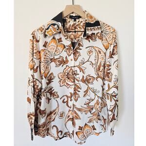 Beulah Style Floral Button Down Blouse Cream Brown Boho Size: Small